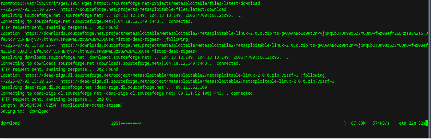 10 downloading of the metasploitable 2 in progress